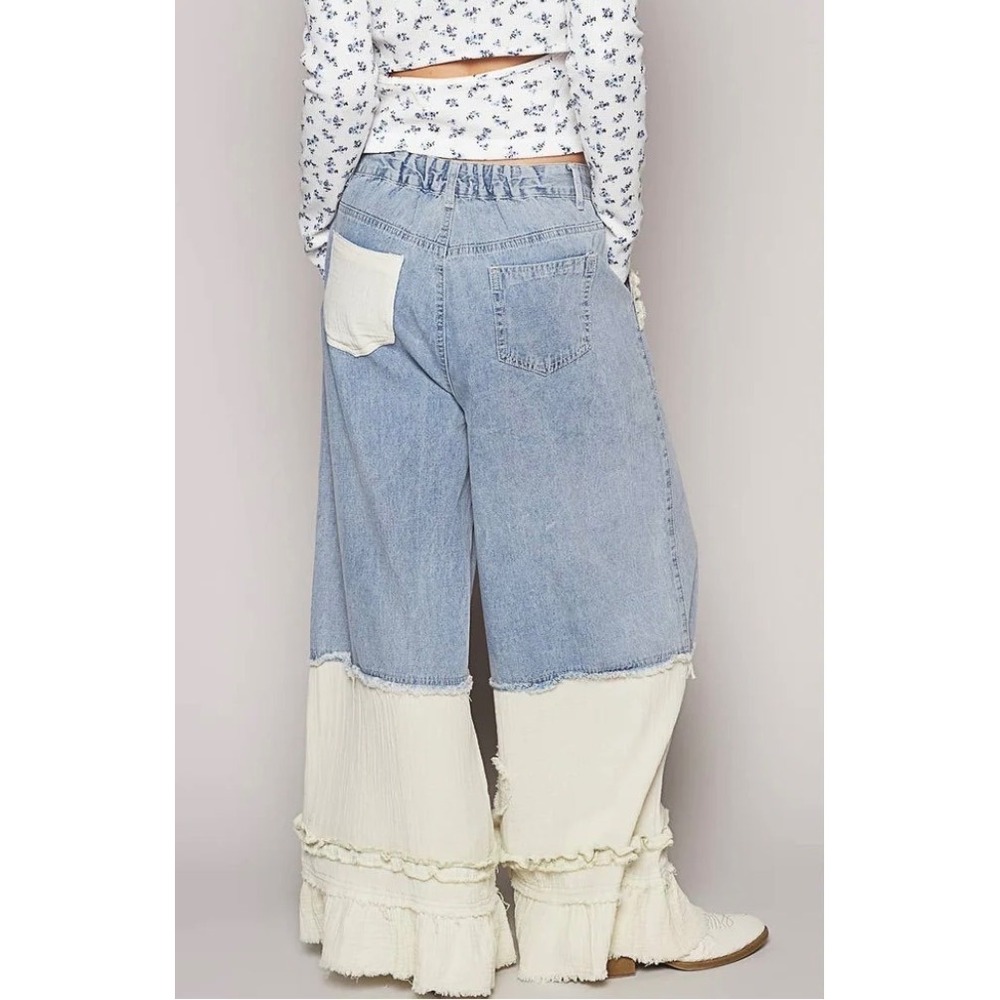 POL Wide Leg Pants Womens L Blue Cream Cotton Boho Ruffle Festival Cottagecore - Picture 2 of 13